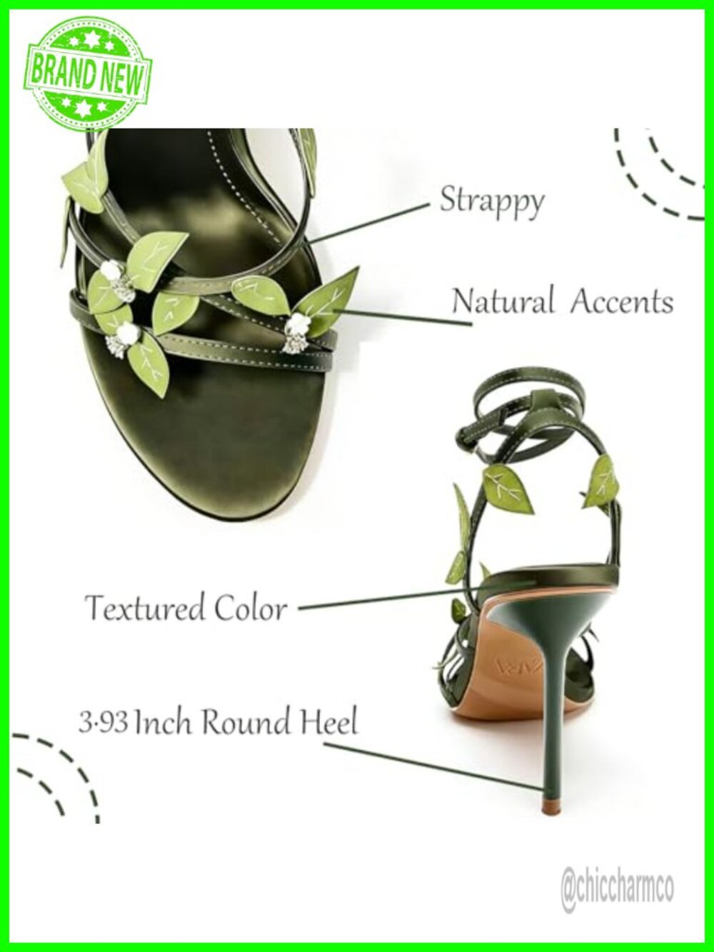 Stiletto Ankle Wrap Strap Sandals 3.93" Heel Leaf Decor Faux Leather - Picture 3 of 6